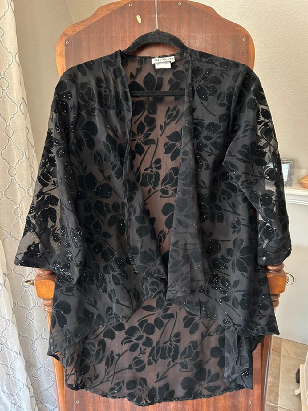 All Hours vintage sheer black burnout velvet floral kimono cardigan small
